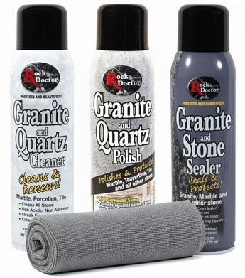 Rock Doctor Granite & Quartz Cleaner Care Kit, 3 Piece Maintenance Stone Care Combo Kit – Cleans & Renews Marble, Travertine, Tile, and All Other Stone, Fresh, With Microfiber Cloth