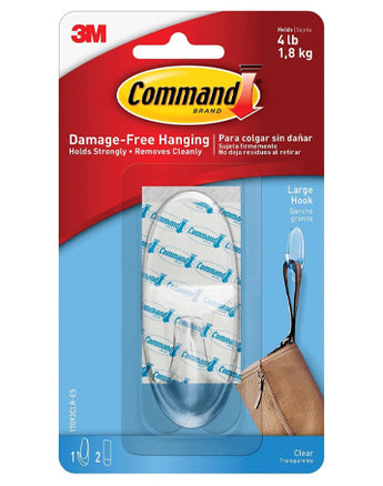 3M Command 17093Clres Adhesive Hanging Hook, Large, Holds 4Lbs, Clear