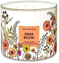 Bath and Body Works White Barn Peach Bellini 3 Wick Candle 14.5 Ounce White Floral Label