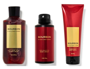 Bath & Body Works Bourbon - Ultra Shea Body Cream 8 oz, 2-in-1 Hair + Body Wash 10 oz & Deodorizing Body Spray 3.7 oz - Set