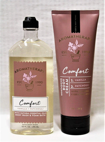 Bath & Body Works - Aromatherapy - Comfort - Vanilla & Patchouli – Bundle - Body Wash & Foam Bath 10oz. & Body Cream 8 oz